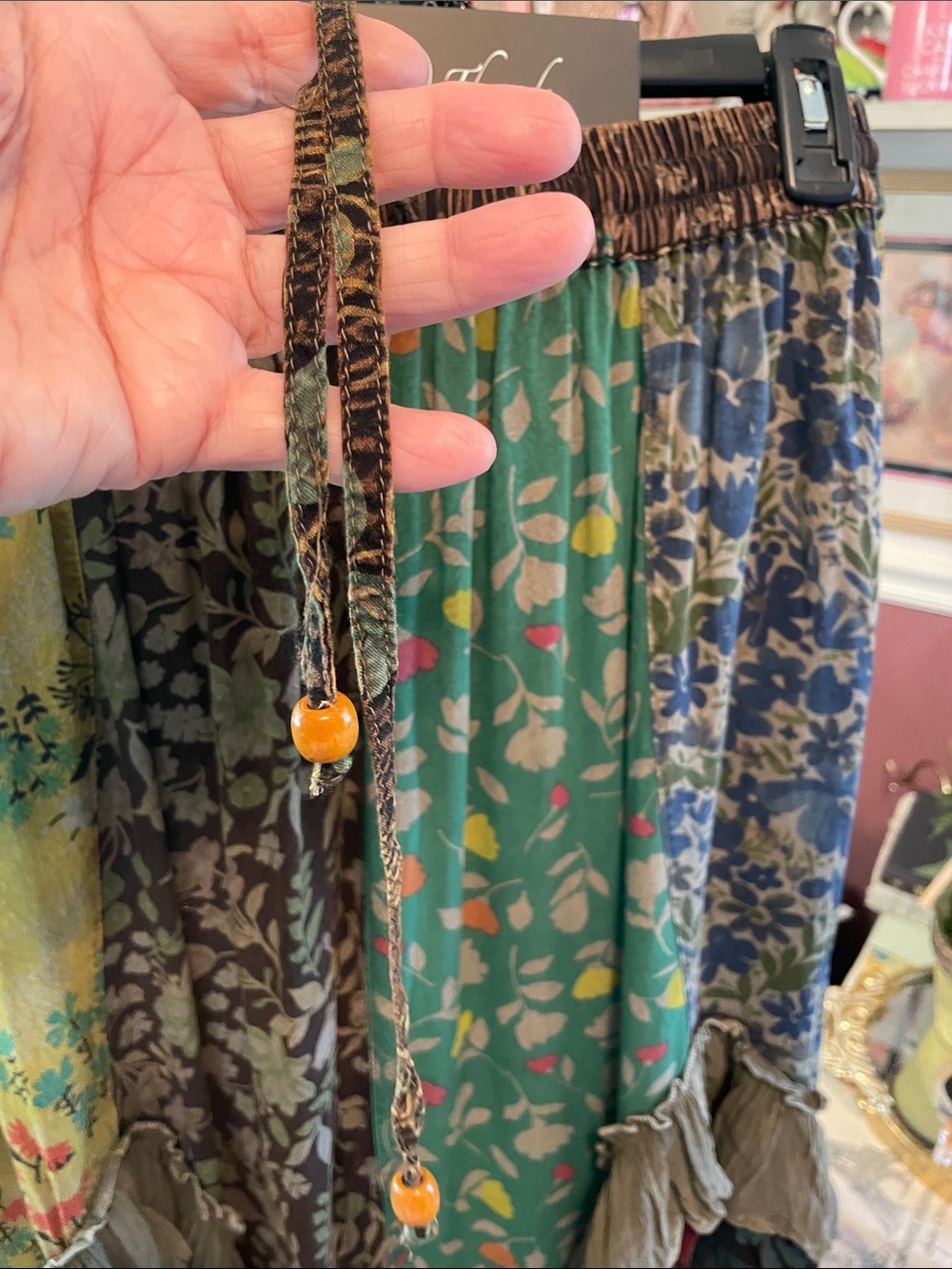 PatchworkBoho  Floral Ruffle Maxi Skirt - Teal/Brown. Young Threads - Picture 7 of 14